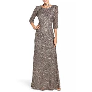New Adrianna Papell sequin scoop back gown in lead